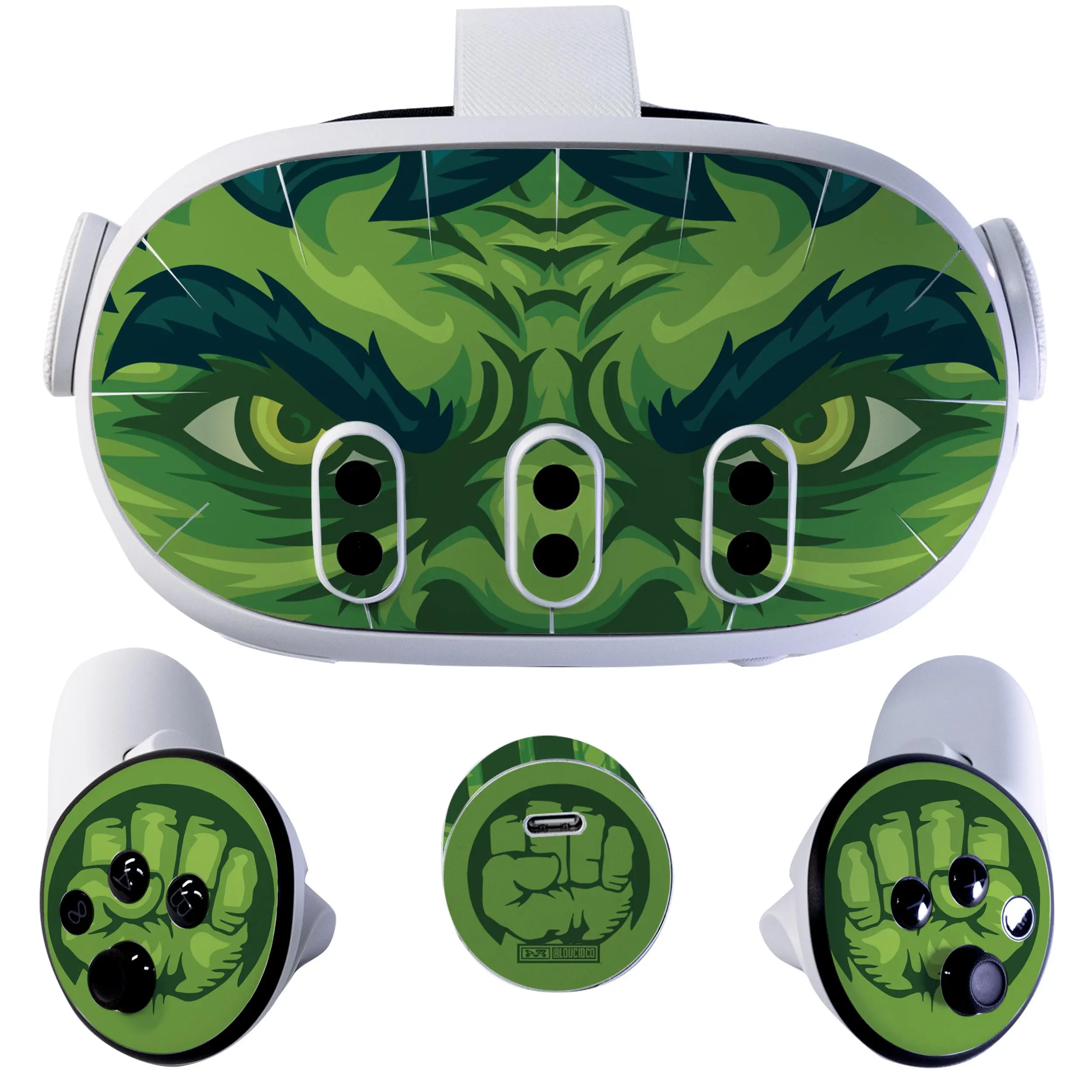 Easy-to-Apply Skin Sticker Kit compatible with Meta Quest 3 VR headset - Green Beast virtual reality accessory - VR protector skin covers