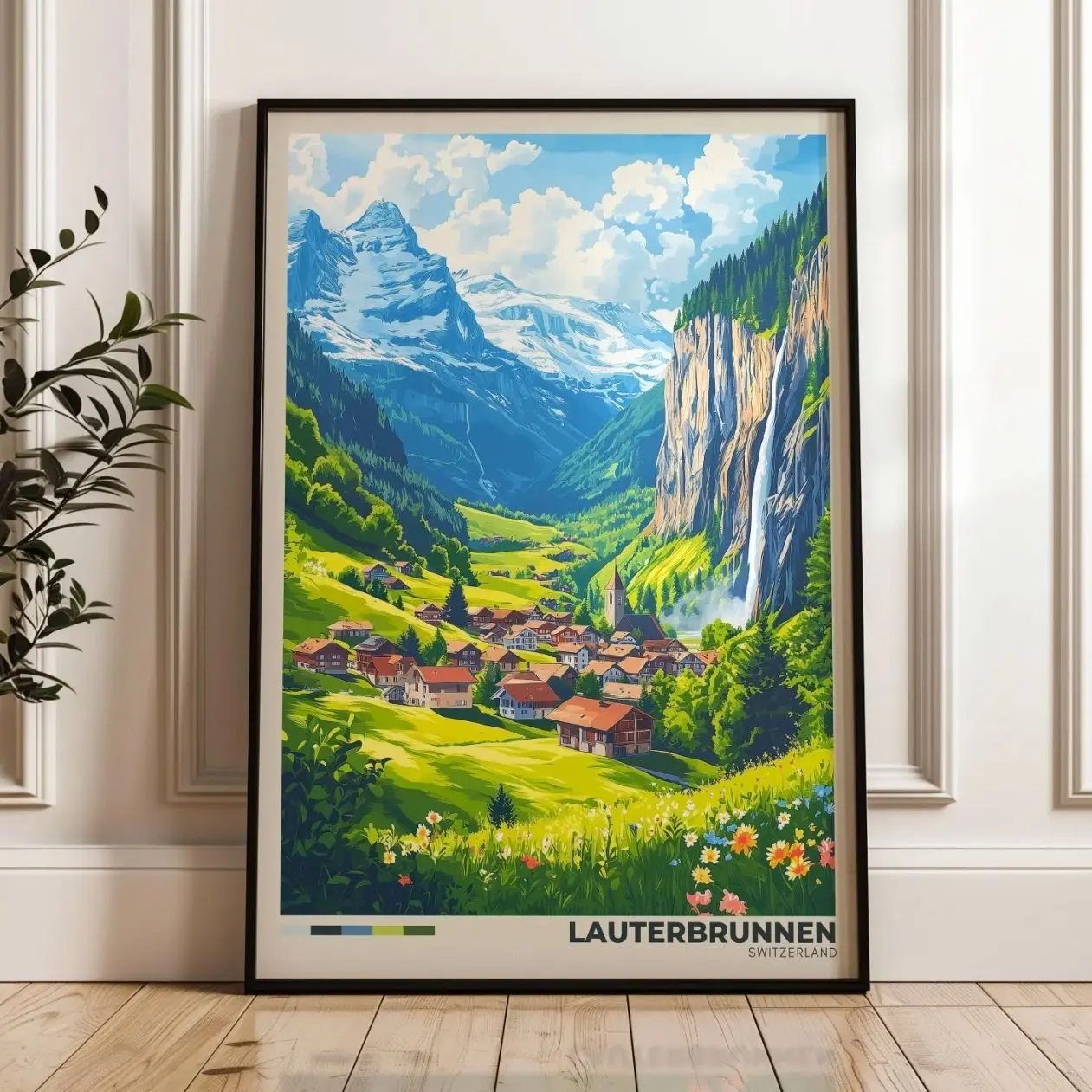 Lauterbrunnen Switzerland Travel Poster: Mountain Illustration Art