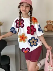 Girls' Floral Patterned Short Sleeve Top and Shorts Set, Cute Loose-Fitting Casual Streetwear, Perfect Gift for Kids Outdoor Play