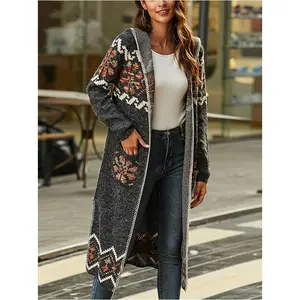 Open knit hooded cardigan, vintage mid-length slit sweater with pockets, women's Fabric Long Sleeve Knit cardigan sweater