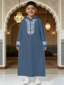 Boys' Hooded Long Thobe, Haze Blue Base White Ethnic Floral Embroidery Print, Casual Loose Kids' Middle Eastern Clothing