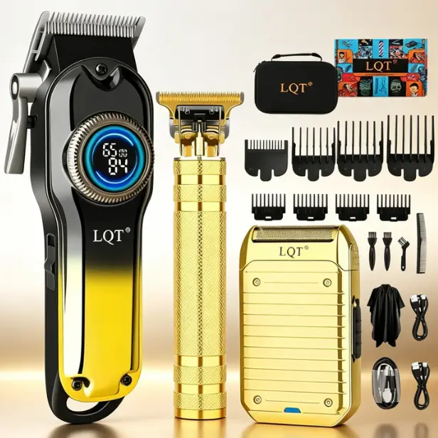 LQT Men's 3-Piece Gradient Black Gold Grooming Clipper Set, USB Fast Charging Low-Noise Barber Tools with Multi-Size Guide Combs, Hair Cape & Cleaning Kit for Salon & Household Use