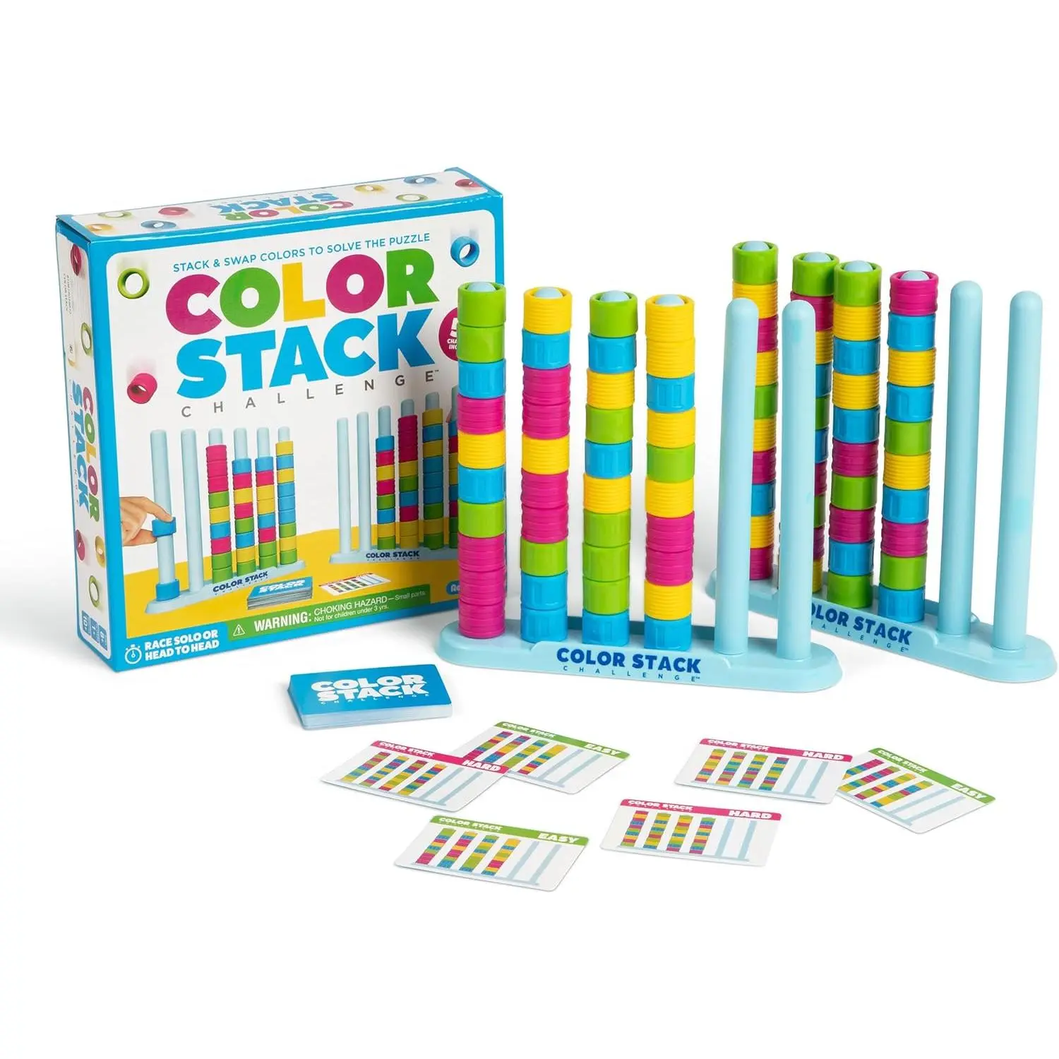 Color Stack Challenge by Relatable – A Fast-Paced Color Matching Puzzle Game for Fun Parties and Family Game Night. Includes 2 Stack Racks, 50 Challenge Cards, 80 Rings & Instructions.