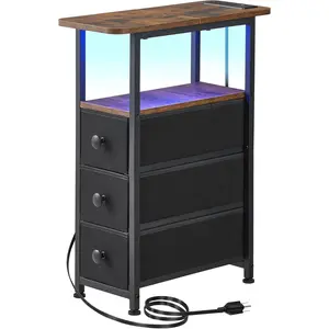 Narrow End Table with Charging Station, Narrow Side Table with Drawer, Small Nightstand with LED Light, Skinny Nightstand, Small Bedside Table for Living Room, Bedroom, Couch, Rustic Brown