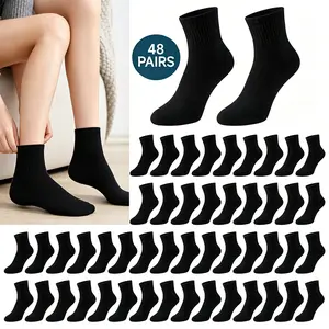 48 Pairs Bulk Men's & Women's Quarter Ankle Crew Socks - Breathable Moisture-Wicking Athletic Socks, Solid Color Low-Cut Ankle for Gym( Black/White)