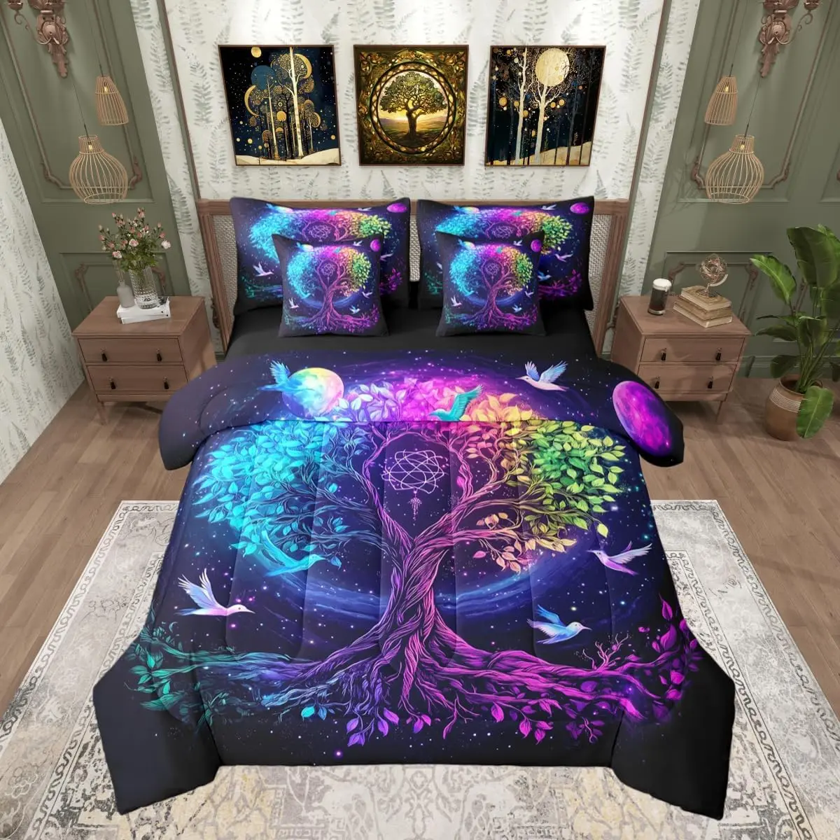 Tree of Life 7-Piece Adult Bedding Set - Exotic Bird & Starry Galaxy Moon Sky Design, Breathable High Tensile Strength Comforter with Sheets, Pillowcases & Cushion Cover, Bedding Sets Collections (Hang Dry Recommended), King, Machine Wash