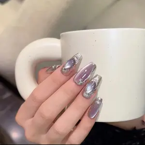 Purple gold cat eye nail stickers, phototherapy magic mirror powder with diamond studded armor,| cute nails | acrylic press-on | fake nails | Handmade | high quality Press on nails 10 pcs | reusable nails | nail art | nail charm | handmade press on nails