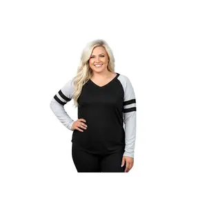 Women's Black Long Sleeve Tee with Grey Sleeves & Varsity Stripe
