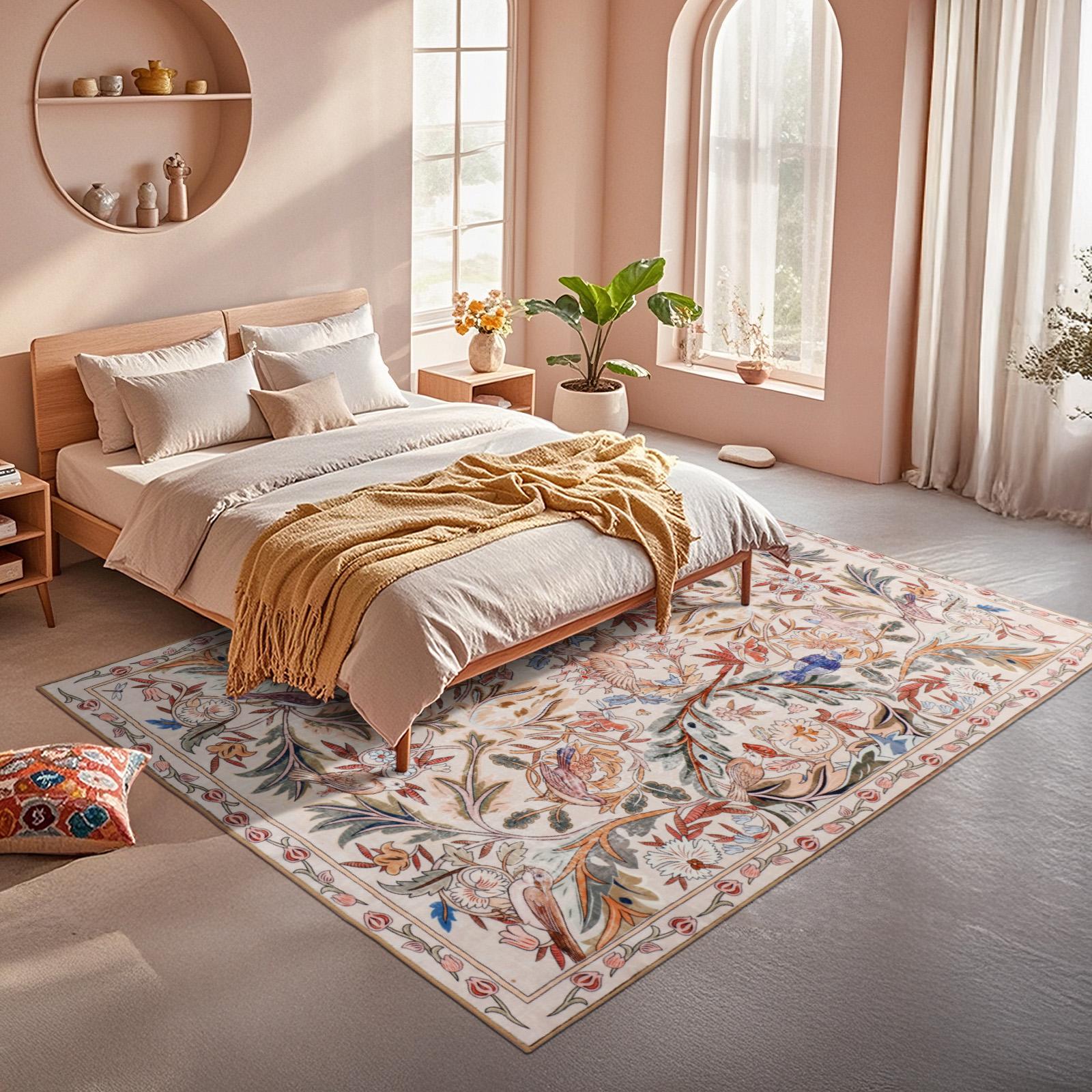 Geanup Washable Bird Rug Non Slip, Soft Boho Floral Kitchen Laundry Rug with Rubber Backing, Low Pile Runner Rug for Entryway Bedroom Living Room Bathroom