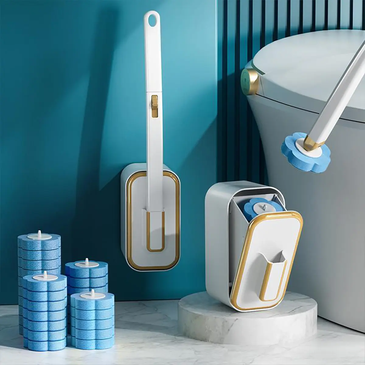 Wall-mounted toilet brush set (72 disposable brush heads and handle), bathroom cleaning tools, bathroom accessories, household essentials, cleaning supplies.