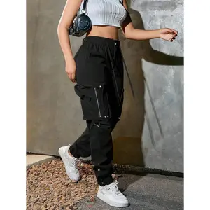 Elastic Waist With Drawstring Flap Pocket Zipper Detail Metal Button Slit Hem Cargo Jogger Pants