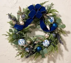 24" Toile Ornament and Greenery Wreath by Valerie
