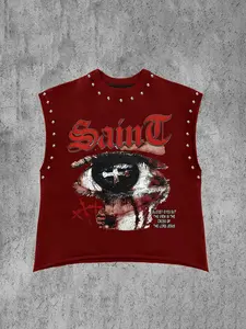 Men's Summer Casual Loose Fit Sleeveless T-Shirt, Saint Blood Eye Religious Graphic Print Top, Rivet Trim Vest, Stylish Tank, Unisex High Street Hip Hop Style