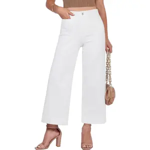 Cropped Jeans for Women Trendy Wide Leg High Waisted Patch Pocket Stretchy Denim Pants Short Trouser Jeans