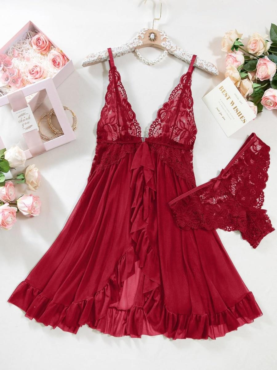 ZGQNBelle Women's 2-Piece Teddy Lingerie & Bodysuits Set - Sexy Exotic Lace Sleepwear, Sheer Mesh Ruffle Flyaway, V-Neck Bridal Lingerie for Women Plus Size with Swim Thong
