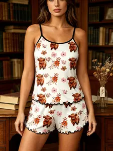 Women's Pajama Set, Sleeveless Backless Top & Shorts, All-Over Floral Pattern, Slim Fit, Casual Home Wear, Comfortable Sleepwear