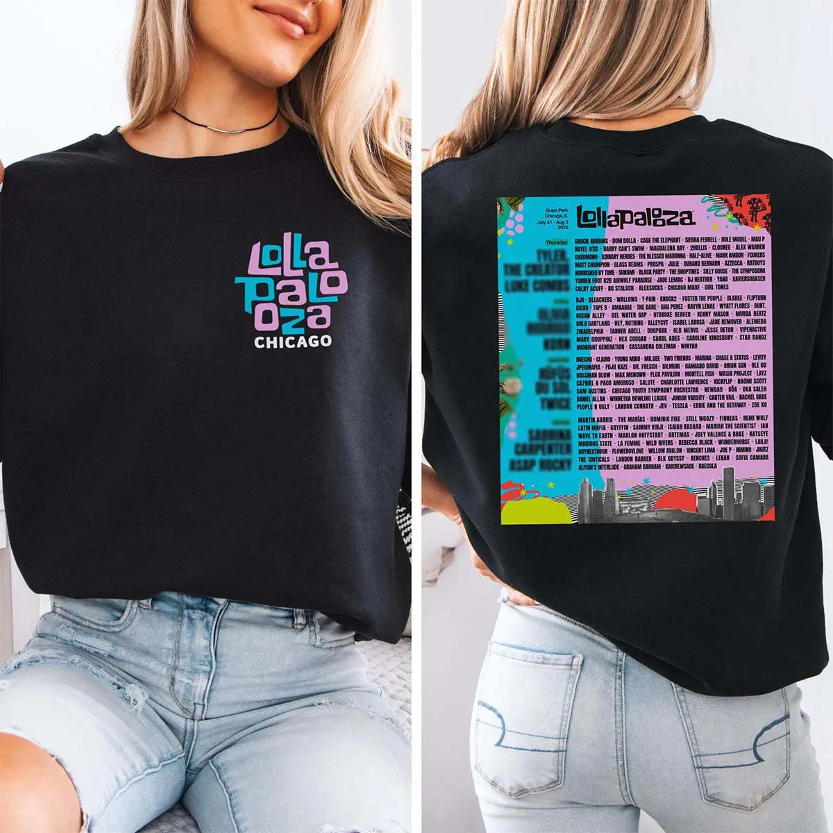 2 Sides Chicago Lollapalooza Lollipop Lineup Poster T-shirt, Lollapalooza 2025 Outfits, 2025 Festival Lollapalooza Shirts