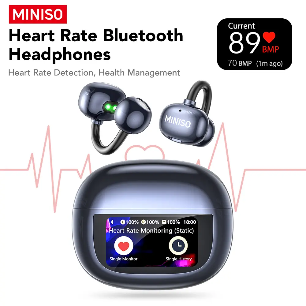 MINISO MS212 Clip-On In-Ear Electronic Audio Headset, Bluetooth 6.0, IPX5 Water Resistant, Full Color LCD Touch Screen, Health Monitor, Calls-Music Switch, Remote Control, Sports-Ready Comfort, Compatible with Mobile/PC/Laptop