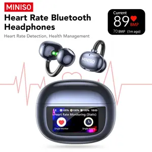 MINISO MS212 Clip-On Ear Headphones with Heart Rate Monitoring Wireless Audio Headphones for Music & Phone Calls, IPX5 Sport Waterproof, with LCD Full Color Touch Screen, Bluetooth 6.0 Headsets, Heart Rate Health Management, Comfortable for Sports