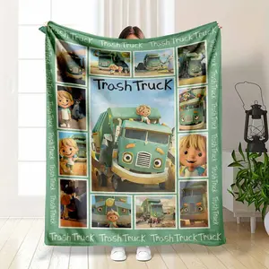 Trash Truck Flannel Blanket Cartoon Garbage Truck Print Soft Cozy Warm Lightweight Plush Throw for Sofa Bedroom Living Room Office Travel Gift Use Durable Material Multi-Purpose Blanket
