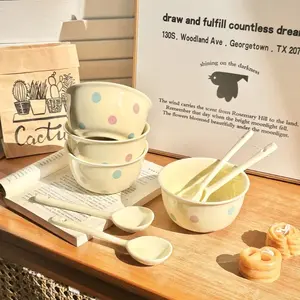 A Set of 4 Rainbow Polka Dot Cream Ceramic Tableware Cute Household Rice Bowl with Spoon Eating Dishes Soup Yogurt Dessert Bowls Dinnerware Service Set