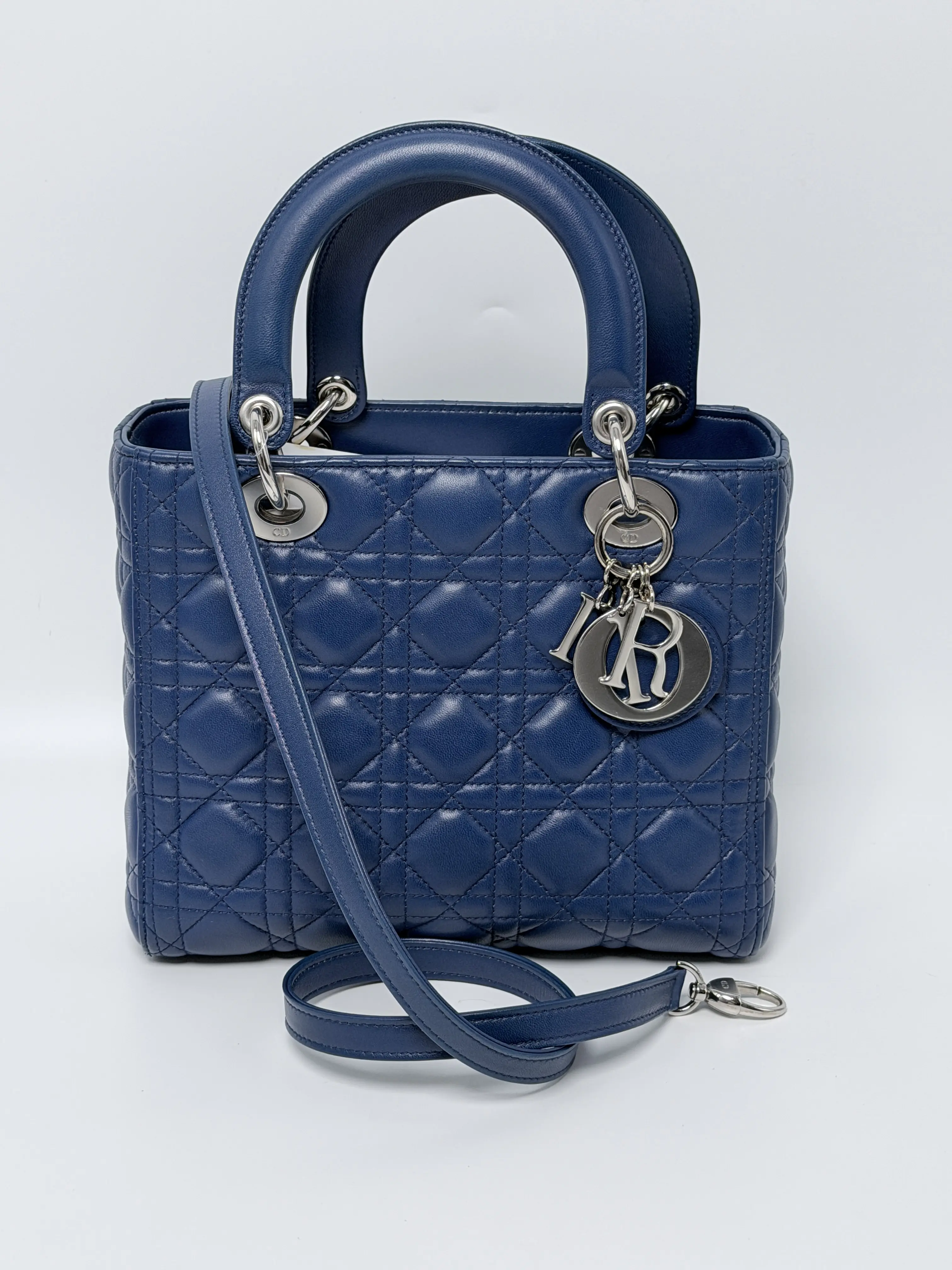 Pre-owned Dior leather Top Handle Bags Blue Cannage Lady Shoulder Bag Top Handle Handbag ZS022CD