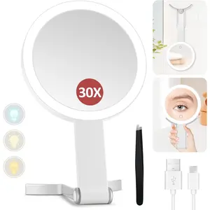 Lighted Makeup Mirror, 30X Magnifying Mirror with Light and Adjustable Brightness,  and Handheld Mirror with Handle, Portable Travel Makeup Mirror with Lights,  Mirrors for Women