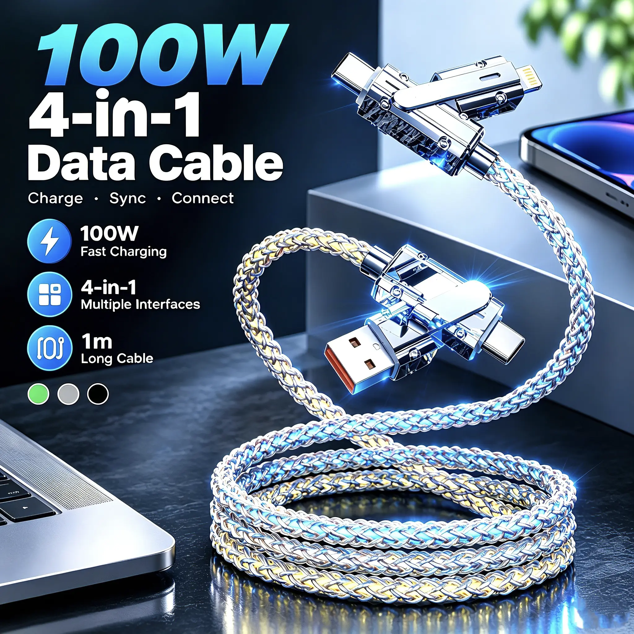 4-in-1 Charging Cable, 100W USB C Cable, USB A+ TYPE C + Lightning Multi-Connector Braided Cable for iPhone, Android & More