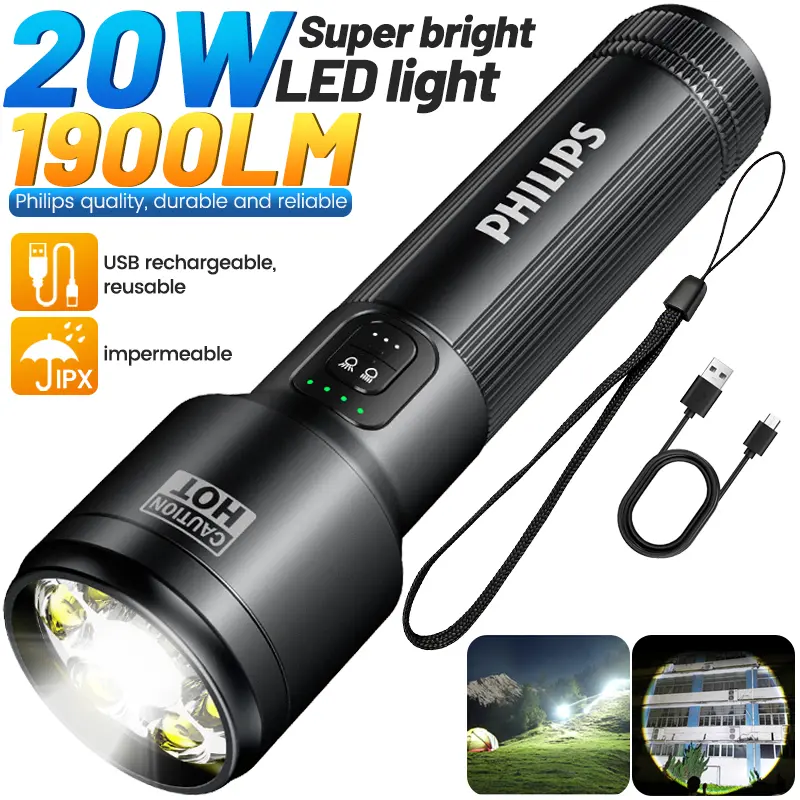 Philips Compact Pocket-Sized EDC Emergency Light, 1900-Lumen Rechargeable Tactical Flashlight, 2000mAh Battery, 5 Modes, IPX4 Waterproof for Camping, Emergencies