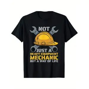 merch for men Men'S Heavy Equipment Mechanic Graphic T-Shirt - "Not Just a Heavy Equipment Mechanic" Slogan & Tools Design (Wrench & Hard Hat), Black with Yellow/White Print, Heavyweight, Machine Washable All-Season Workwear, Casual Round Neck