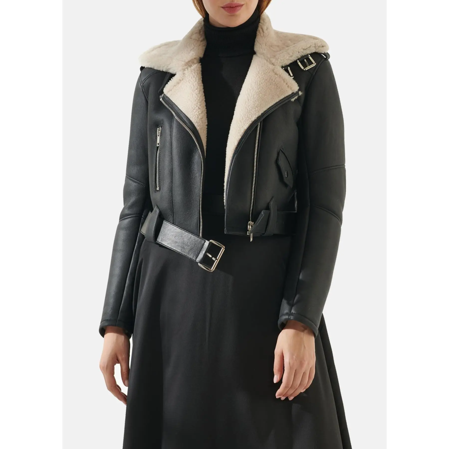 Womens Black Short Length Shearling Leather Jacket