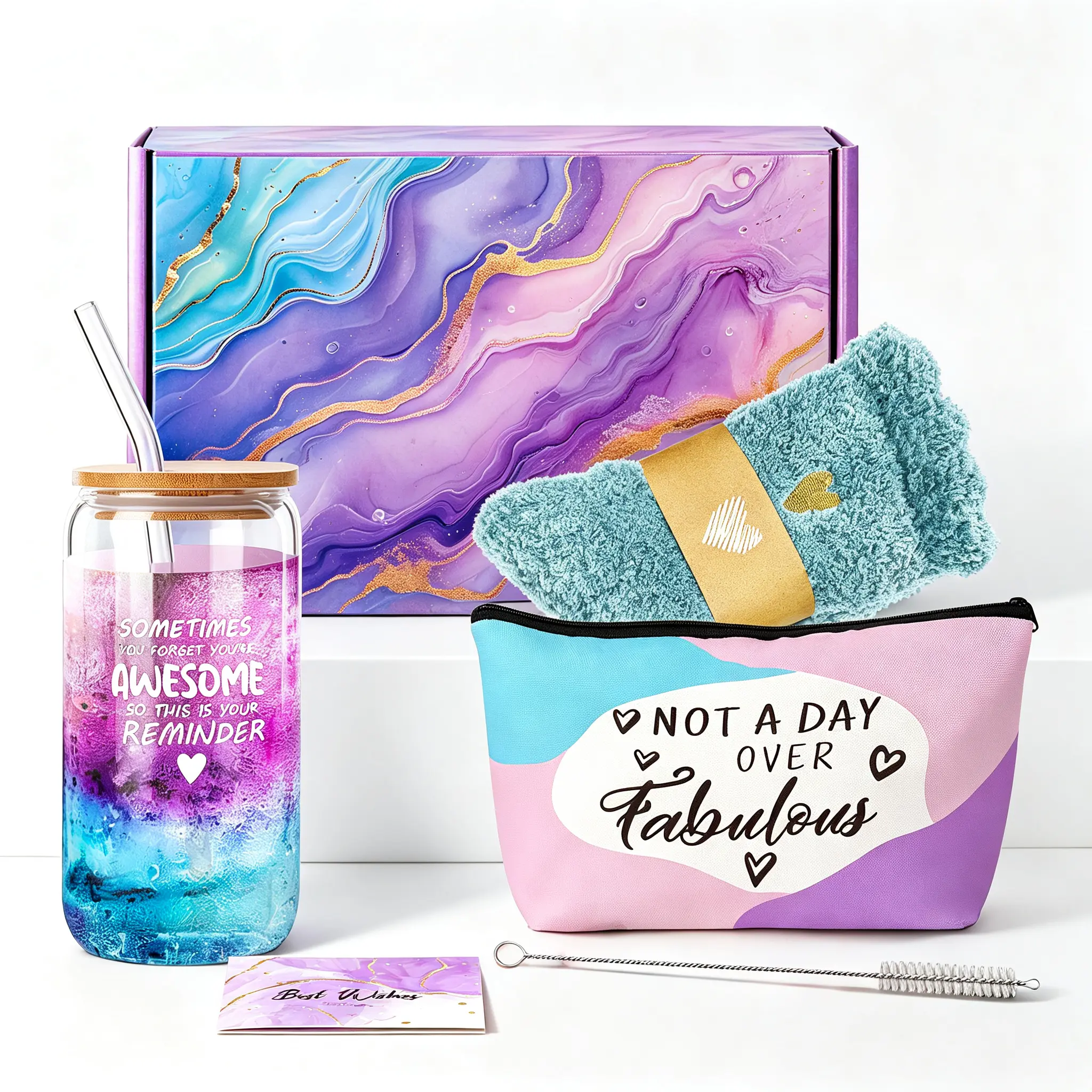Glass Tumbler Gift Box For Women, 16oz Hot Cold Drinking Cup Gift Set With Fuzzy Socks, Motivational Birthday Christmas Mother's Day Valentine Thanksgiving Holiday Gift For Her sohochic