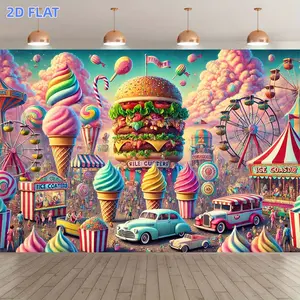 1pc 2D Flat Banner, Amusement Park Food Backdrop Banner with Burger, Ice Cream & Candy Corn DesignVibrant Suitable for Indoor/Outdoor Birthday Parties, Showers, WeddingsDurable Photo Background for Themed Photo Shoo