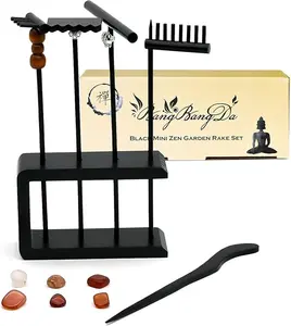 12-Piece Black Bamboo Mini Zen Garden Rake Set - Space-Saving Desktop Meditation Stress Relief Tool with Storage Stand, 6 Crystals - Adult Home Decor Gift