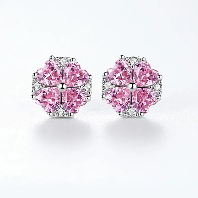 ED18 pink heart shaped clover earrings