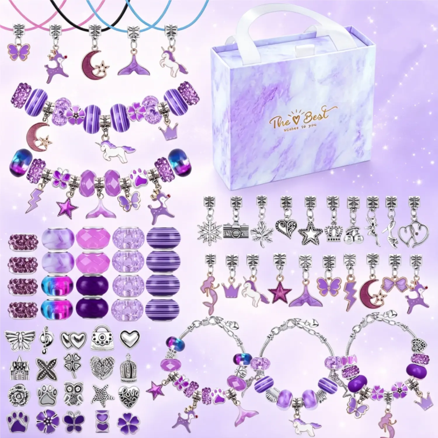 67Pcs Violet Purple Princess Themed Charm Bracelet Making Kits DIY Jewelry Making Supplies DIY Mix Beads Pendants Unicorn Accessories for Women Unique Bracelet & Necklace Craft Gift Ideal Christmas Birthday Gift for Girls Adjustable Beaded Design