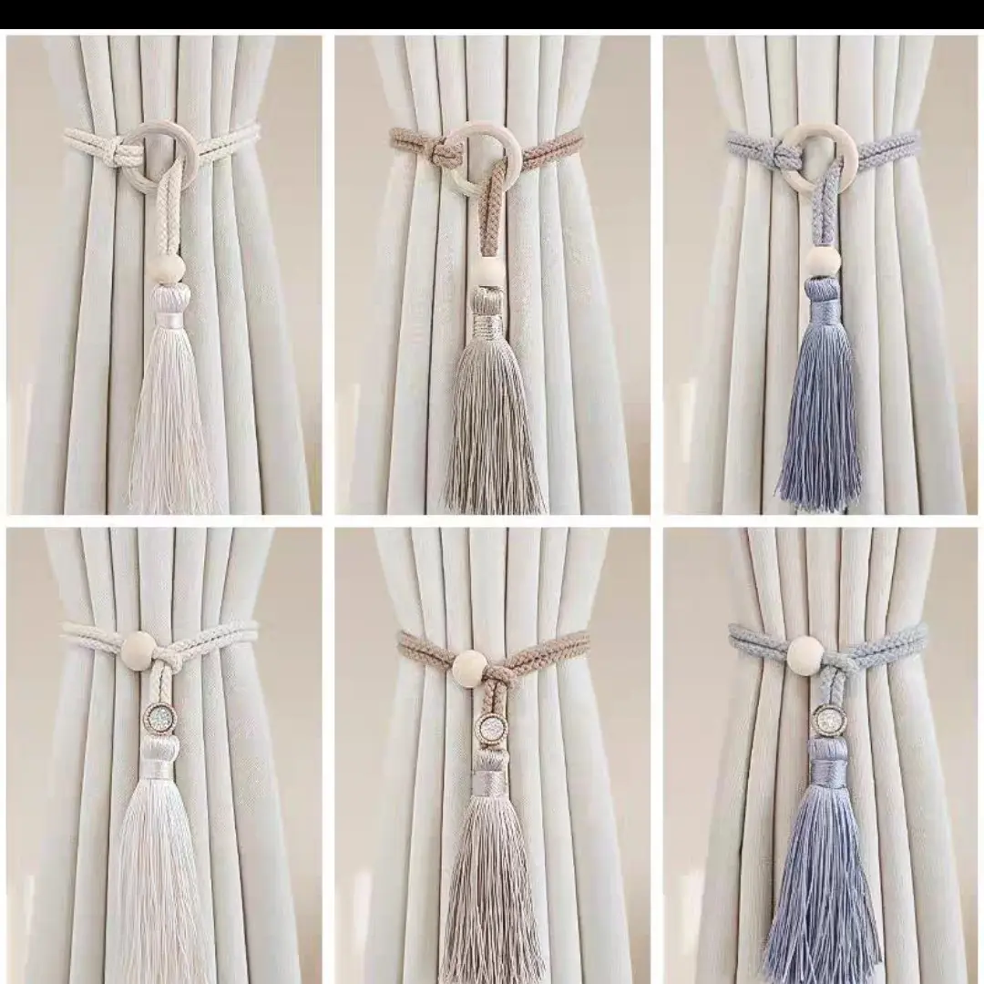 2 Pack Boho Wooden Ring Curtain Tiebacks Handwoven Cotton Rope Tassel Curtain Holdbacks Natural Solid Wood Bead Decorative Drapery Tie Clips No Drill Reusable Light Luxury Window Accessory for Bedroom Living Room Farmhouse Rustic Home Deco