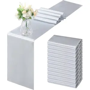 12 Pack Silver Satin Table Runner 12 x 108 Inch, Smooth Table Runners for Wedding Banquets Birthday Party