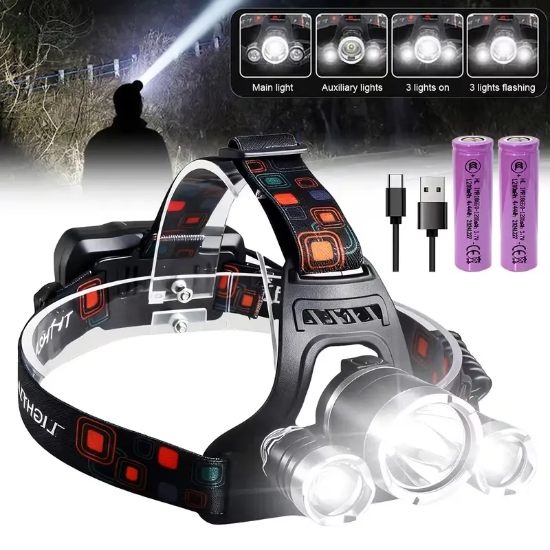 White LED Car Headlamp - USB Rechargeable Flashlight, 4 Lighting Modes, 90° Adjustable Up & Down, Suitable for Camping, Fishing, Home & Outdoor Use