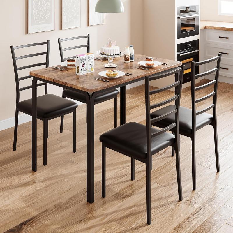 Indoor 5-Piece Dining Table Set for 4, Modern Compact Space-Saving Dining Room Furniture with Scratch-Resist MDF Top & 300 lbs Per Padded Tuck-Away Chairs, 43.3"l×27.5"w×30"h, 150 lbs Table Capacity, Assembly Required Multi-Piece Set