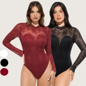 Popilush Essential Deep V-Neck Long Sleeve Bodysuit  Breathable Fabric Sheer Lace Turtleneck with Built-in Bra & Tummy Control Casual