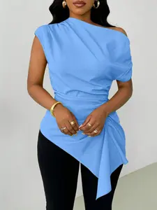 Pure Color Asymmetric Ruched Short Sleeve Long Top, Stylish Aesthetic Chic Women's Casual Wear, Perfect for Daily, Comfortable and Trendy