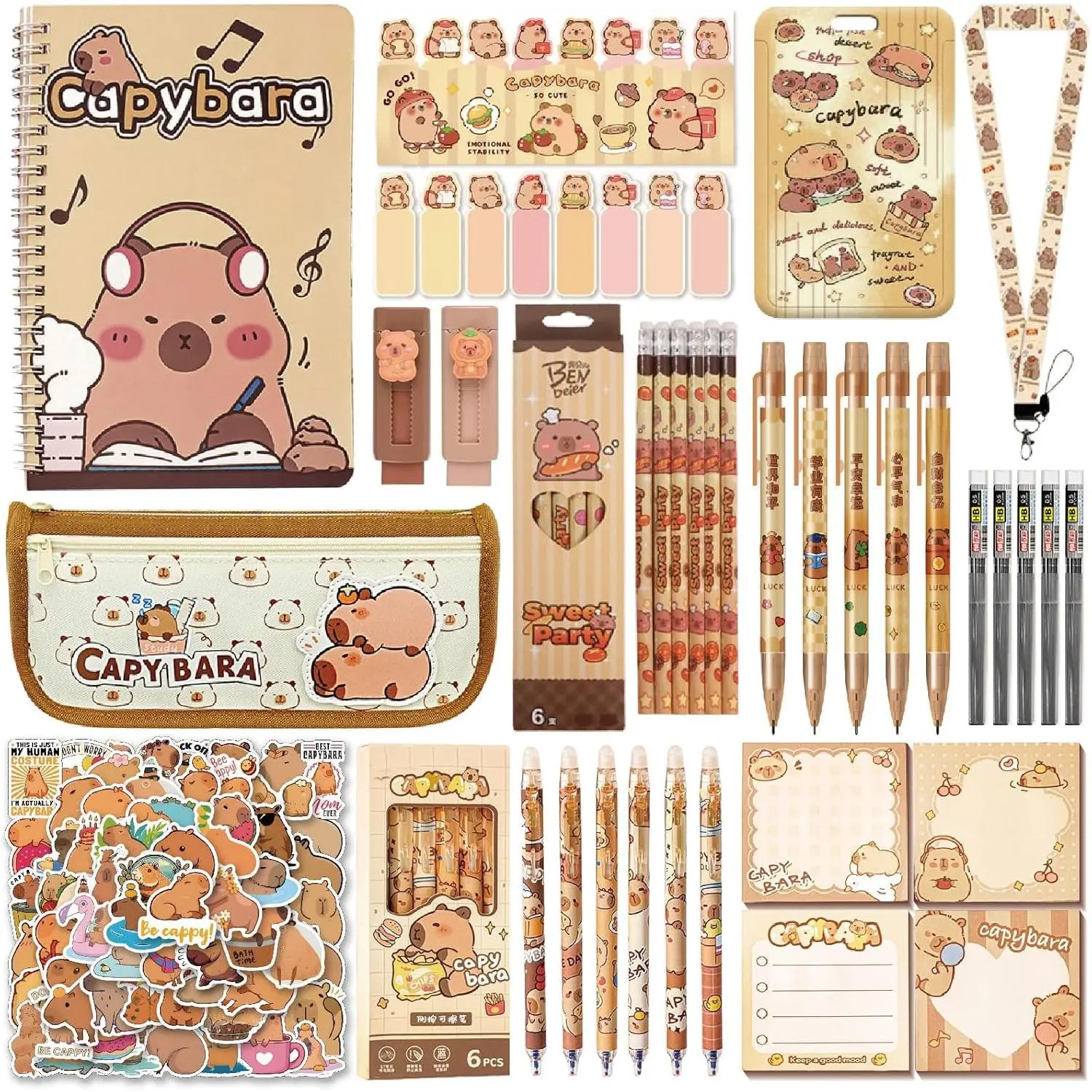 12-Count Cute Capybara Stationery Set for Students - Classroom Supplies, Learning Materials Including Ballpoint Pens, Notebooks, Pencil Case, Sticky Notes, Mechanical Pencils, Erasers, Notepads