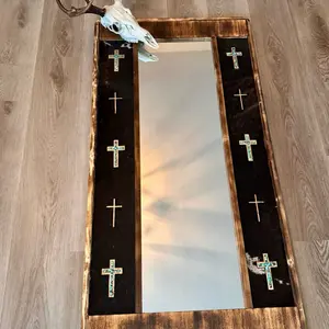 Cowhide Mirror with Turquoise Cross Accents 50 x 25 Unique Design for Home Decor