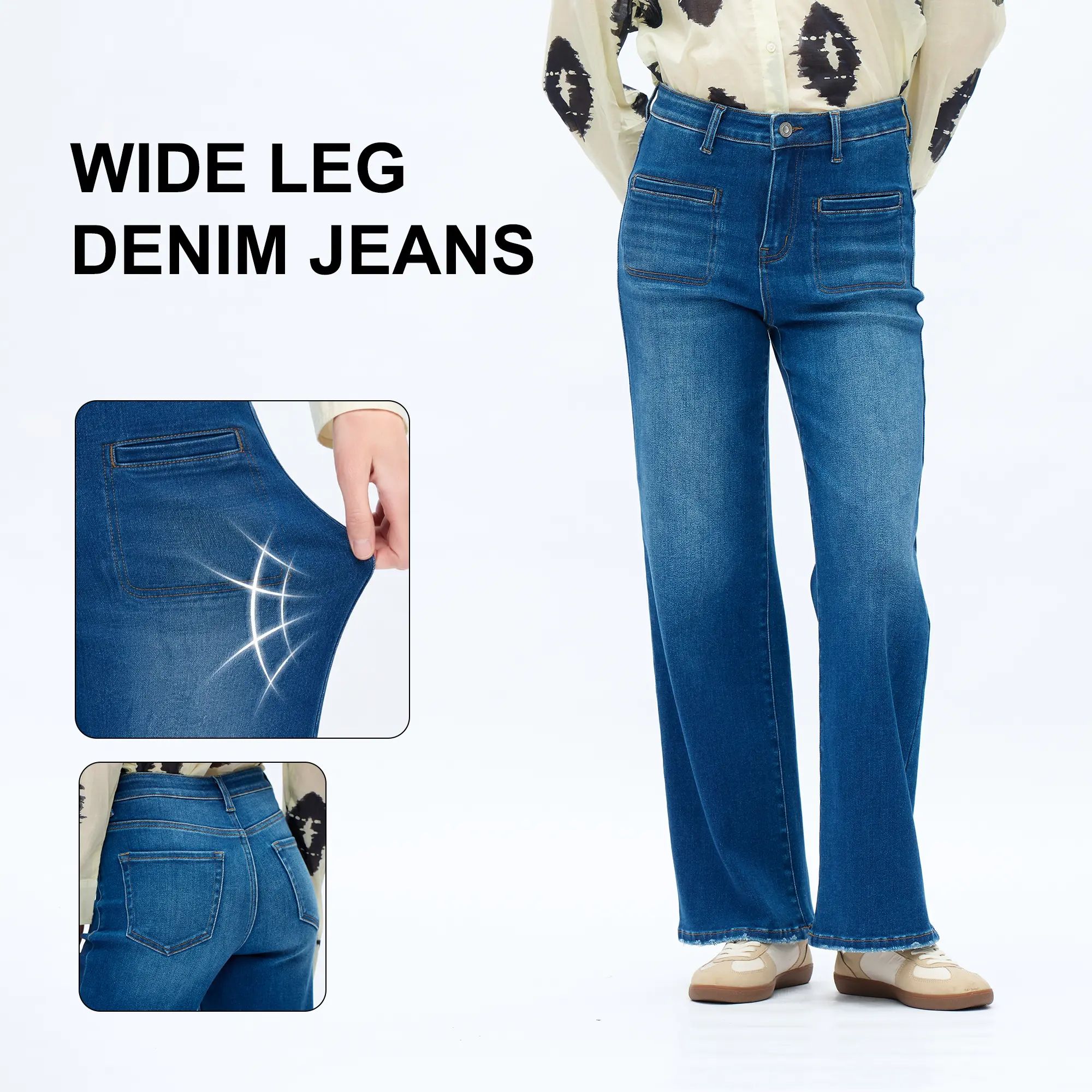 Women's Dark Blue Relaxed Straight Jeans High Rise Denim Featuring Front Patch Pockets Denim Pants With Raw Hem Zip Closure Comfy Denim Stylish Minimalist Fashion Daily Outfits Holiday Gifts #SummerVibes