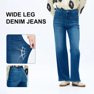 Women's Dark Blue Relaxed Straight Jeans High Rise Denim Featuring Front Patch Pockets Denim Pants With Raw Hem Zip Closure Comfy Denim Stylish Minimalist Fashion Daily Outfits Holiday Gifts #SummerVibes
