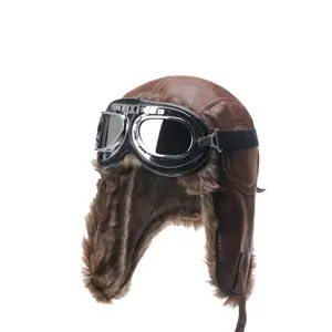 Camel Leather Pilot Hat Set with Goggles, Windproof Ear Protection, Perfect for Motorcycle Riding & Outdoor Activities, Winter Wear