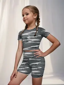 Tween Girls Vintage Leopard Print Sporty Comfortable Casual Trendy T-Shirt Shorts Set, Fitted Two-Piece for Youth Fashion Tee Shorts Set Kids Girls Clothing