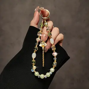 Chinese-style tassel beaded bracelet short phone strap, green pearl and white fan pendant bracelet, includes transparent clip