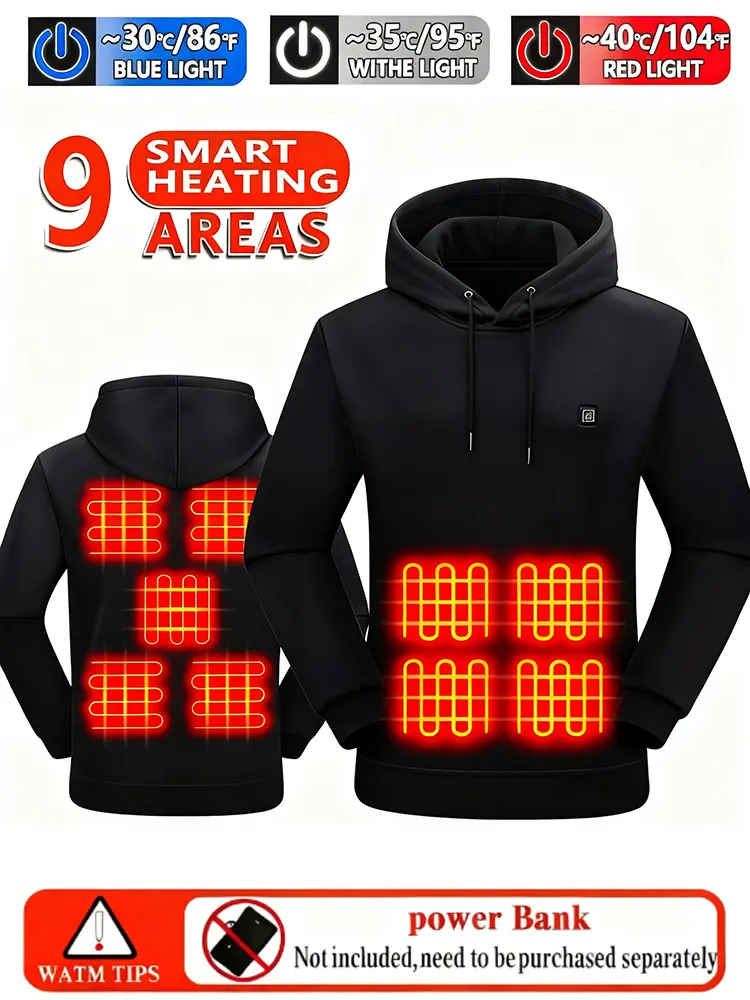 Smart Heated Hoodie Jacket, 7-Zone Electric Warmth, USB-C Fast Charging, Adjustable Temperature, Kangaroo Pocket, Machine Washable, Unisex, Autumn Winter, Battery Not Included Menswear Sweatshirts Black